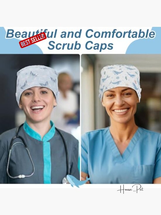 6 Pcs Scrub Caps with Buttons Adjustable Bouffant Hat Ponytail Holder Tie Back main image 6